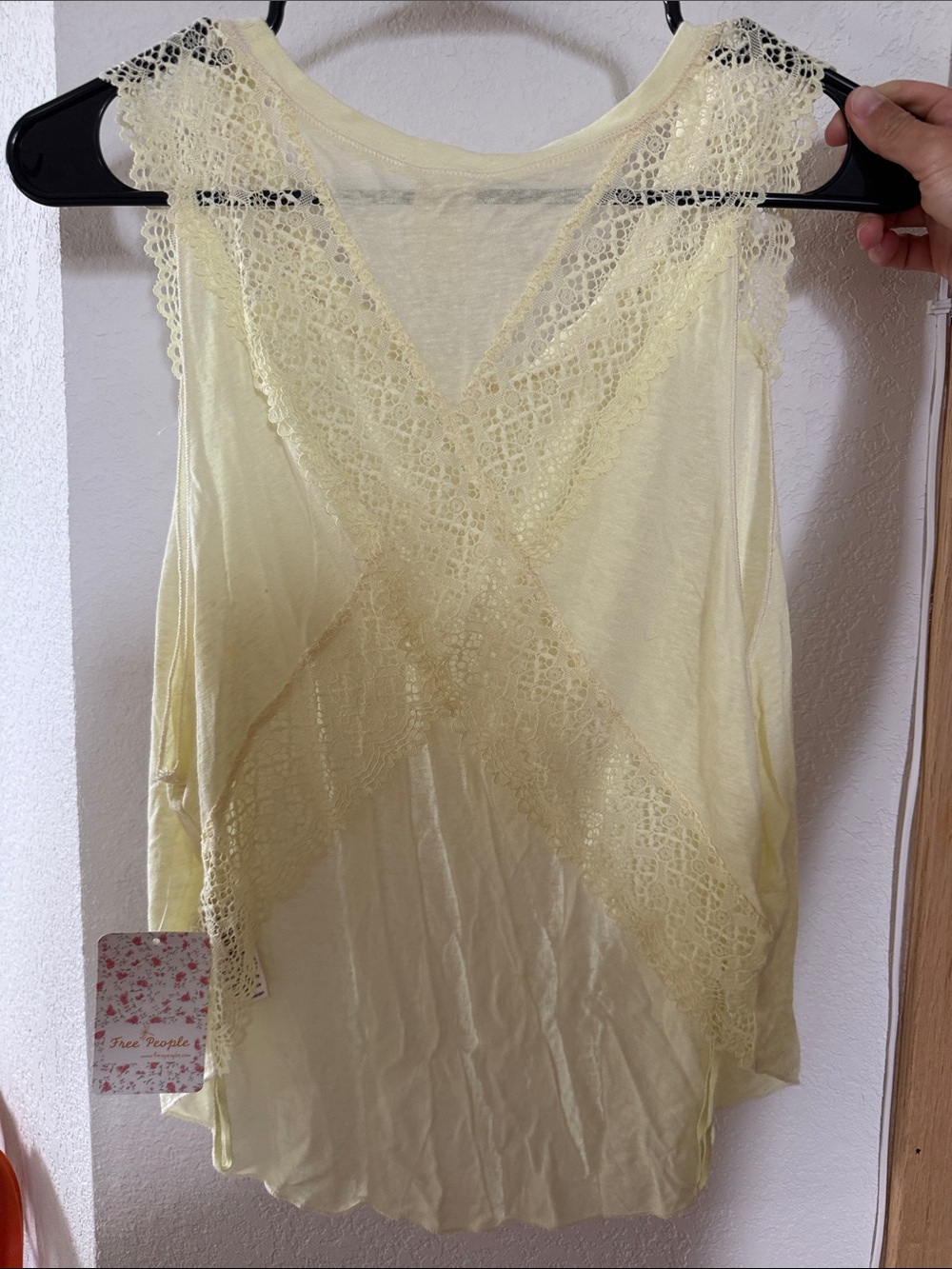 Free People Pale Yellow Lace-Trim Crisscross Back Tank